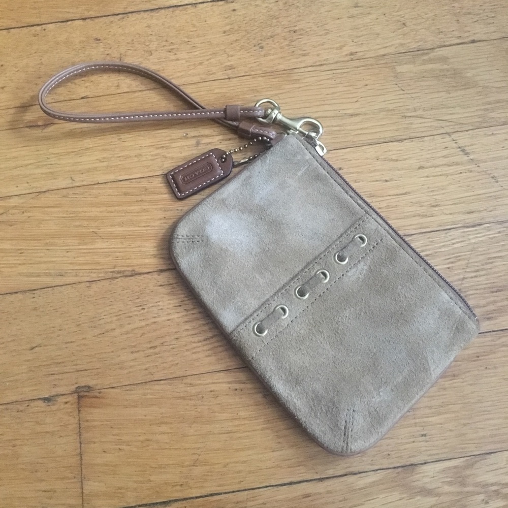 Small tan suede Coach Wristlet